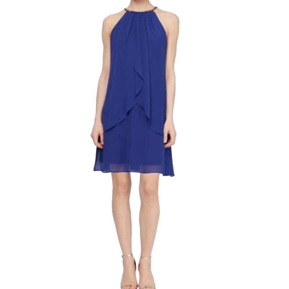 NEW SLNY Halter Neck Layered Chiffon Shift Dress Women's Petite  6P
